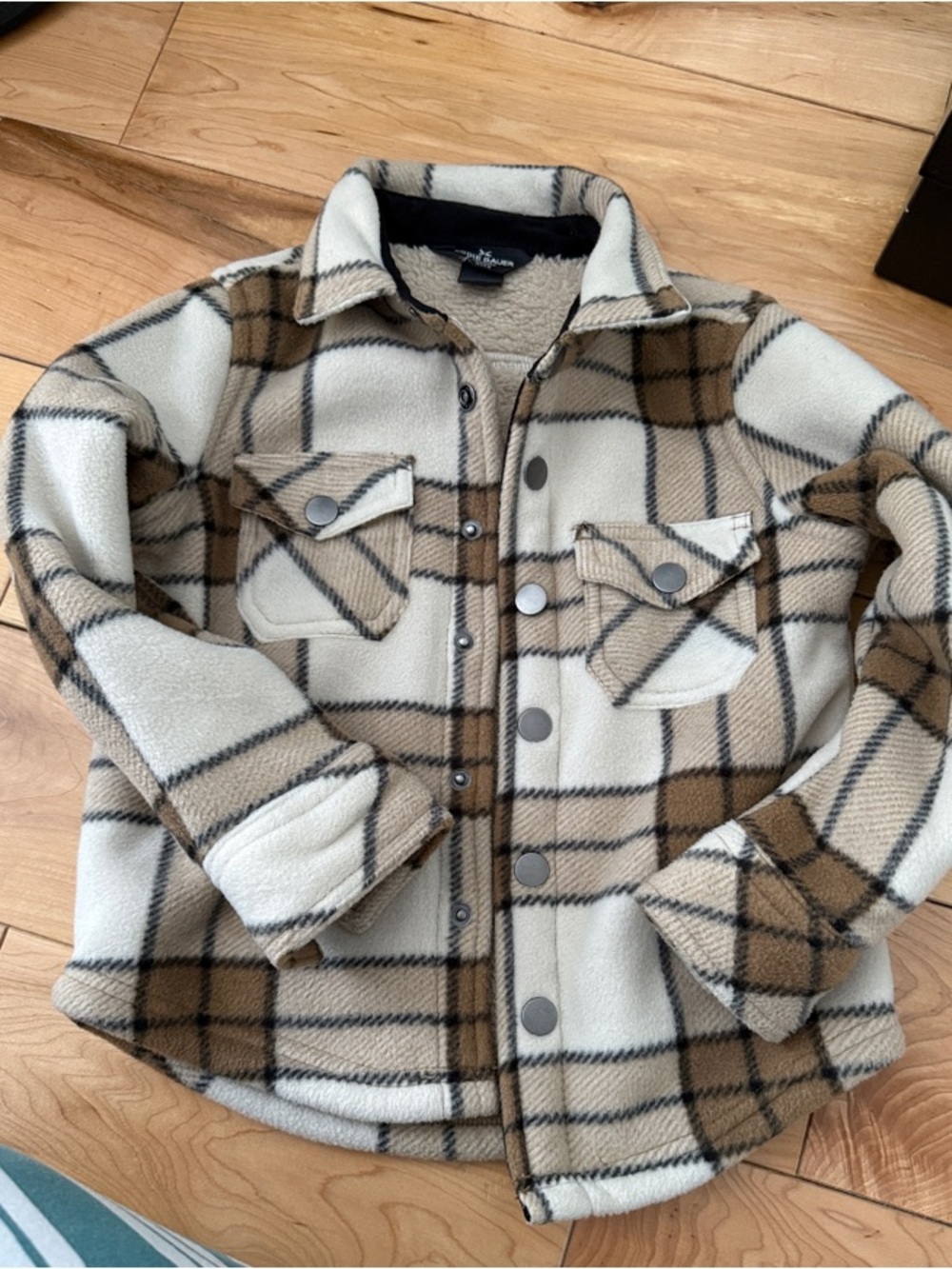 Eddie Bauer Cream & Brown Plaid Fleece Shacket